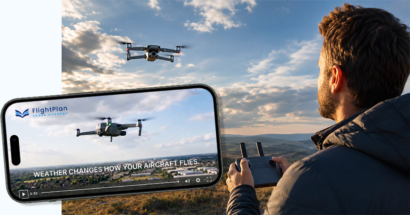 Drone pilot flying near a lake with the FlightPlan course shown on a phone